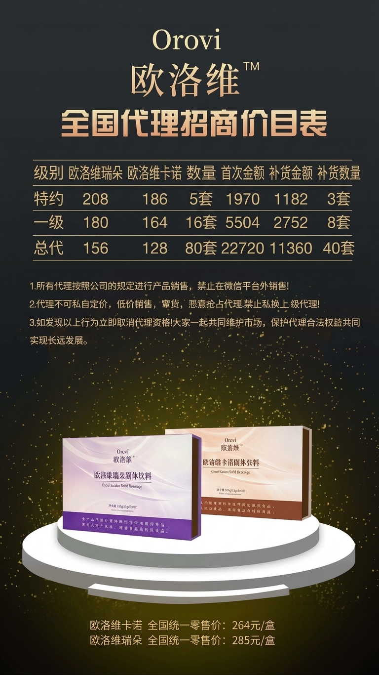 欧洛维全国代理招商价目表海报：特约、一级、总代三档供货价与首次、补货金额